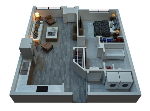a 3d floor plan of a house with a bedroom and a living room
